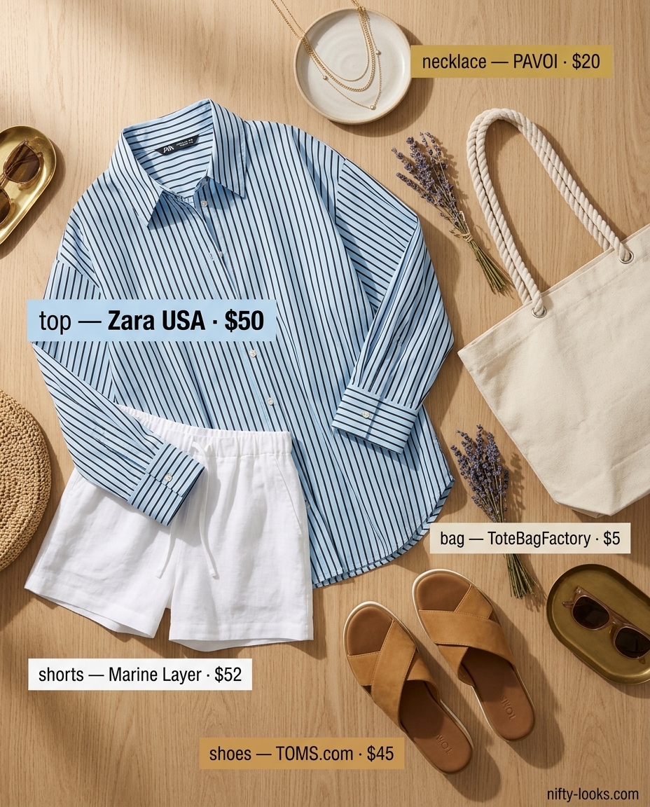 Linen shorts & striped oversized shirt for relaxed summer street style. Rectangle shape 2026.