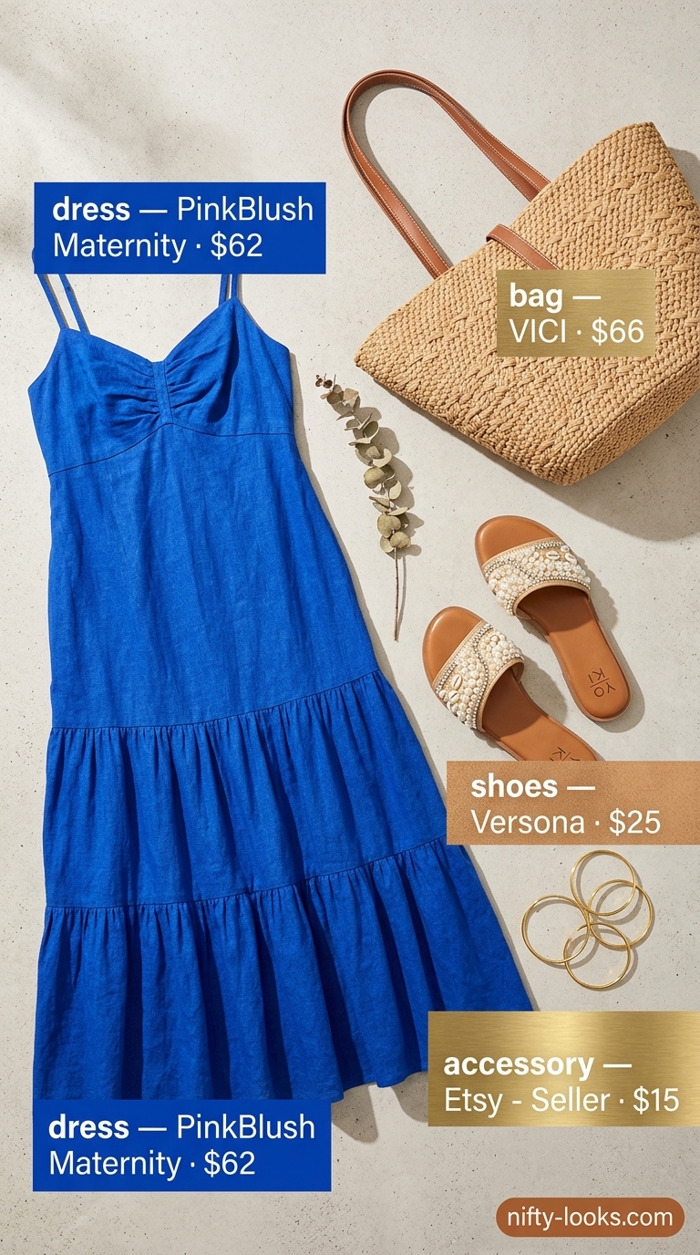 Cobalt blue maxi dress with straw tote for vacation summer street style. Rectangle shape 2026.