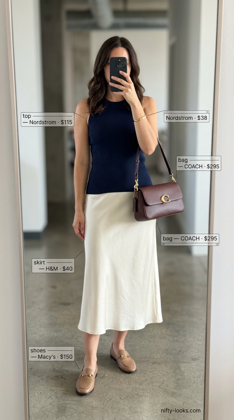 Cream midi skirt & navy top for summer street style outfits for women with rectangle shape 2026. Chic brunch look with leather loafers.