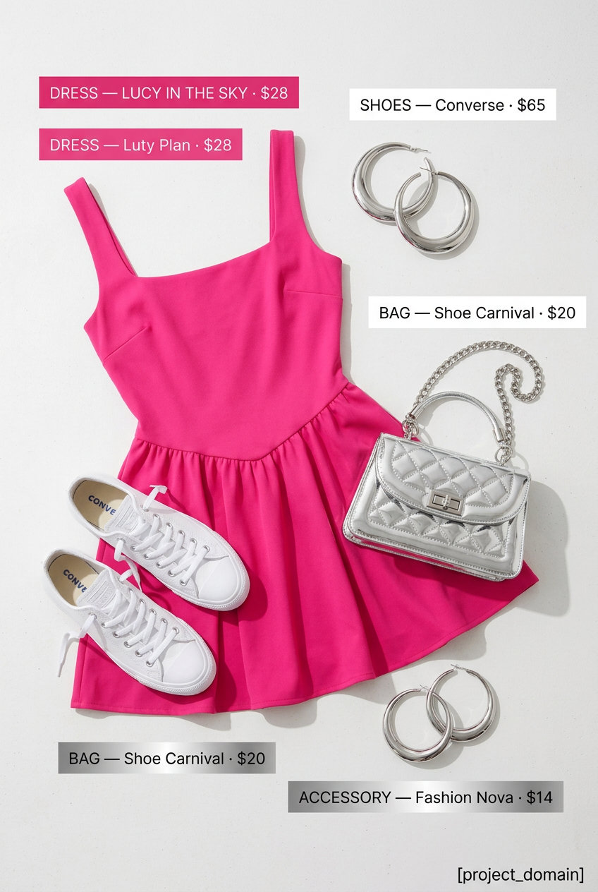 Playful hot pink A-line mini dress with white sneakers for summer street style. Rectangle shape 2026.