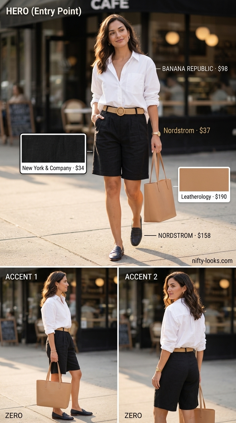 White oversized shirt & beige Bermuda shorts for summer street style outfits for women with rectangle shape 2026. Smart casual look with loafers.