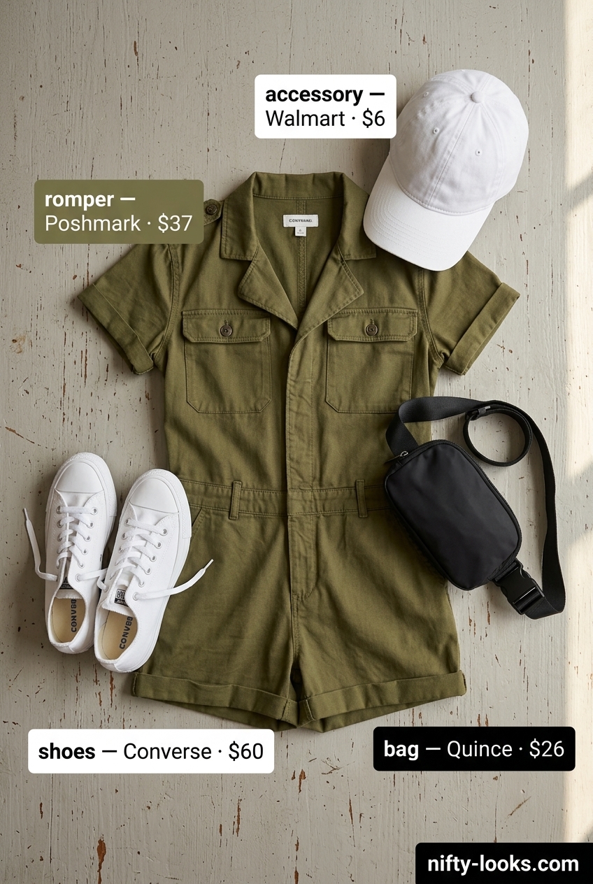 Olive green utility romper with white sneakers for casual summer street style. Rectangle shape 2026.