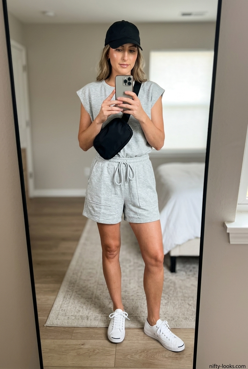 Grey terry cloth romper for summer street style outfits for women with rectangle shape 2026. Sporty casual look with sneakers and baseball cap.