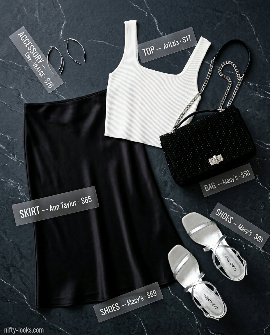 Black satin midi skirt & white crop top for summer street style outfits for women with rectangle shape 2026. Elegant evening look with silver heels.