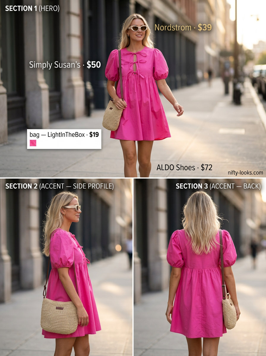 Hot pink babydoll sundress for summer street style outfits for women with rectangle shape 2026. Playful daytime look with straw crossbody bag.