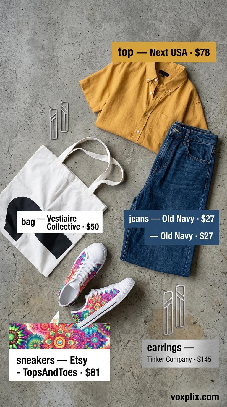 Summer Streetwear with Sneakers 2026: Artsy Alleyway Amble Summer streetwear with sneakers for women 2026: Wide-leg jeans, mustard shirt, and graphic print sneakers for an art walk.