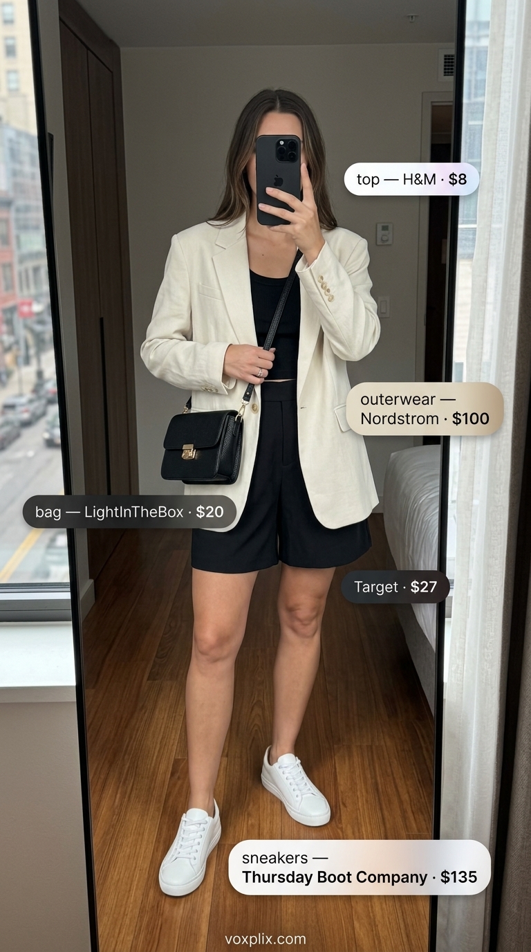 Summer Streetwear with Sneakers 2026: City Commuter Cool Summer streetwear with sneakers for women 2026: Tailored shorts, white sneakers, and beige blazer for a polished city look.