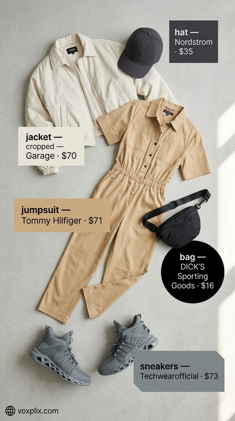 Summer Streetwear with Sneakers 2026: Desert Rose Utility Summer streetwear with sneakers for women 2026: Tan utility jumpsuit, cream bomber jacket, and grey tech sneakers for a day trip.
