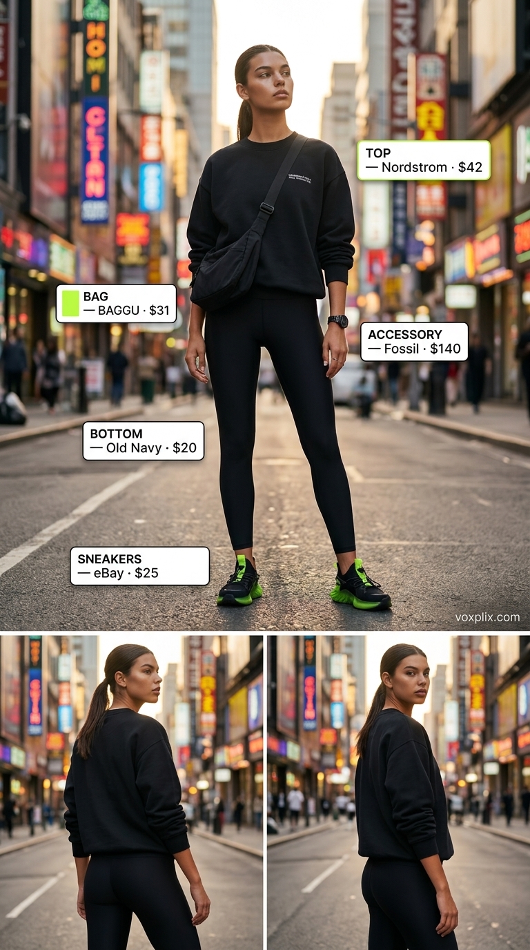 Summer Streetwear with Sneakers 2026: Future Forward Summer streetwear with sneakers for women 2026: Black leggings, cropped sweatshirt, and futuristic neon green sneakers for urban adventure.