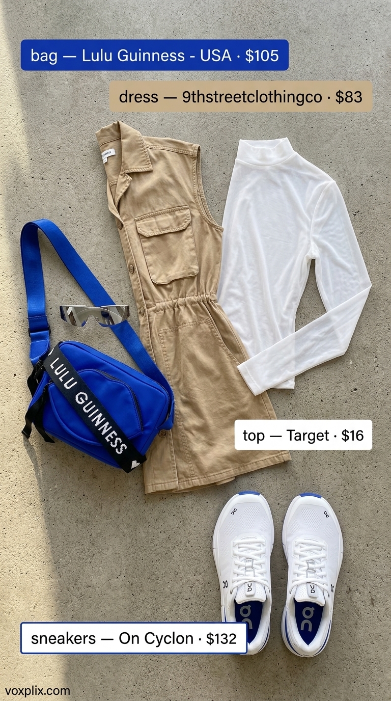 Summer Streetwear with Sneakers 2026: Gorpcore Gala Summer streetwear with sneakers for women 2026: Cargo mini dress, sheer top, and running sneakers for a fashion event.