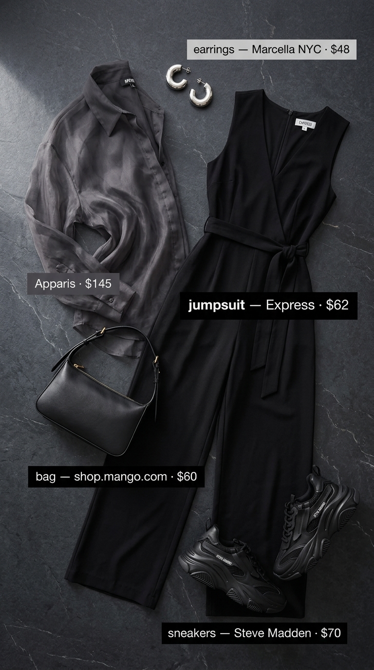 Summer Streetwear with Sneakers 2026: Monochrome Street Edge Summer streetwear with sneakers for women 2026: Black wide-leg jumpsuit, sheer organza shirt, and chunky black sneakers for an evening out.