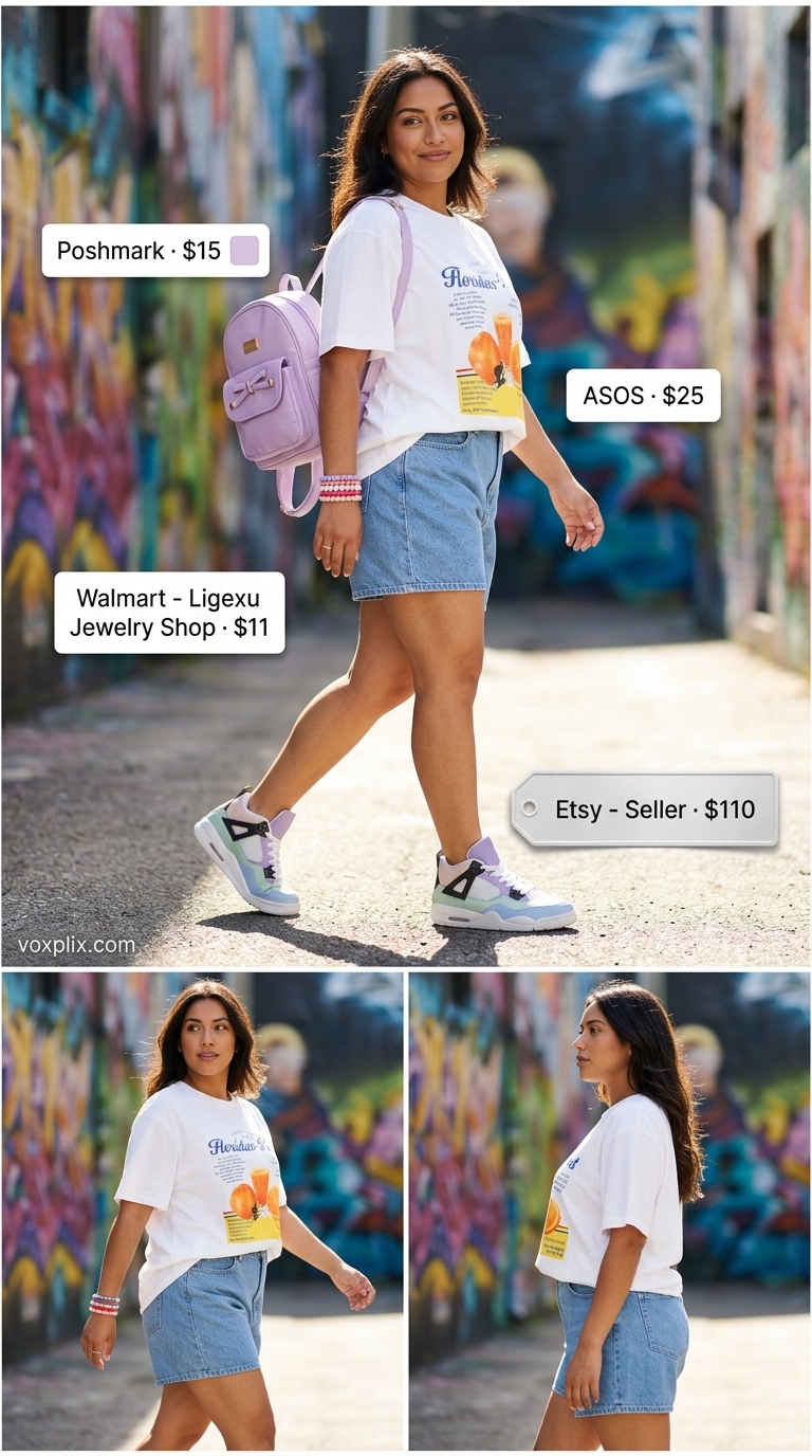 Summer Streetwear with Sneakers 2026: Pop of Color Summer streetwear with sneakers for women 2026: Baggy denim shorts, graphic tee, and pastel sneakers for a playful day out.