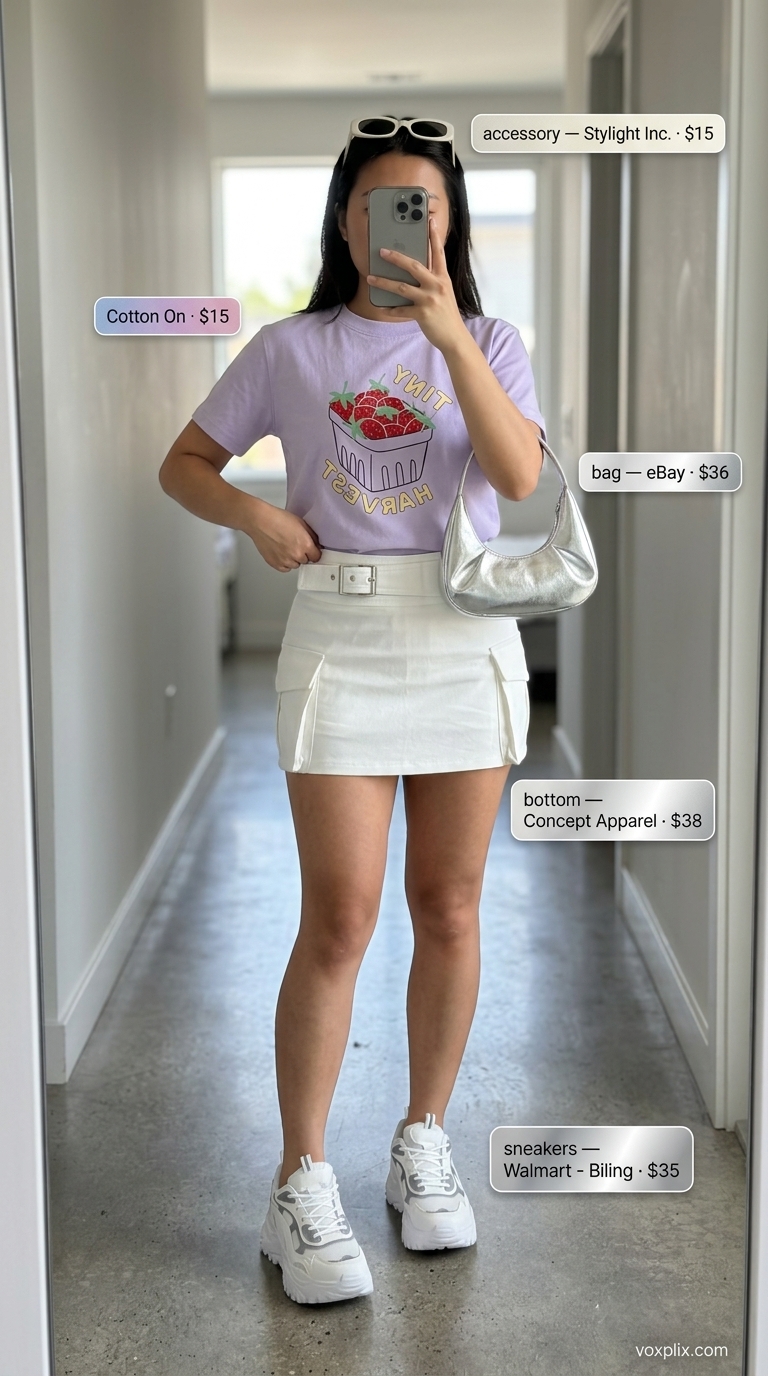 Summer Streetwear with Sneakers 2026: Y2K Dreamscape Summer streetwear with sneakers for women 2026: Cargo mini skirt, baby tee, and chunky platform sneakers for a Y2K look.