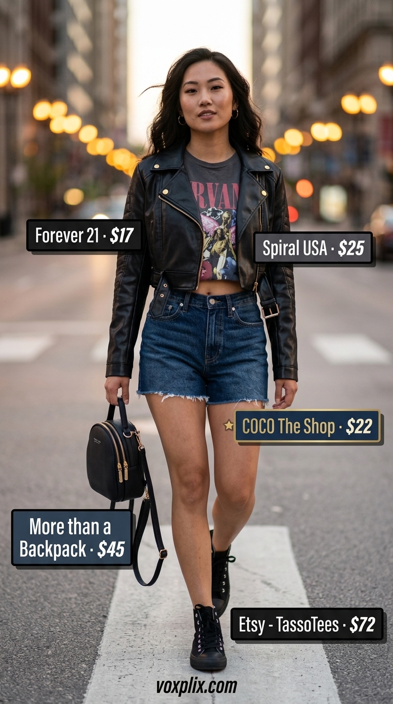Summer Streetwear with Sneakers for Women 2026 | Downtown Edge Summer streetwear with sneakers for women 2026: Distressed shorts, band tee, faux leather jacket, and high-top sneakers.