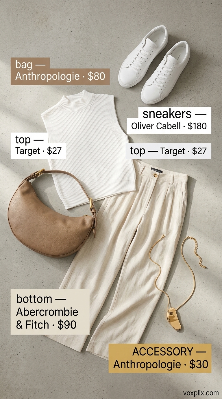 Summer Streetwear with Sneakers for Women 2026 | Minimalist Vibe Summer streetwear with sneakers for women 2026: Wide-leg trousers, knit tank, minimalist sneakers, and shoulder bag.