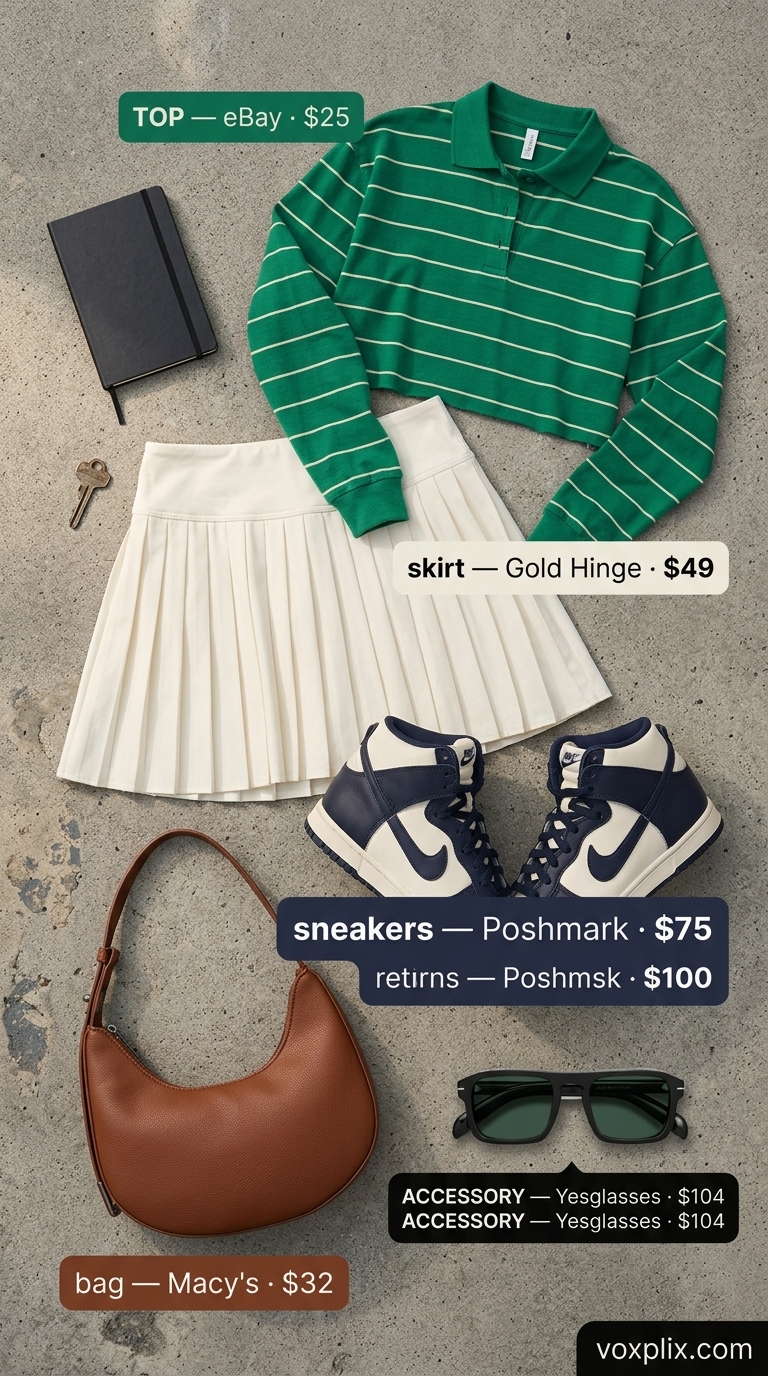 Summer Streetwear with Sneakers for Women 2026 | Retro Courtside Summer streetwear with sneakers for women 2026: Tennis skirt, cropped polo, vintage sneakers, and retro sunglasses.
