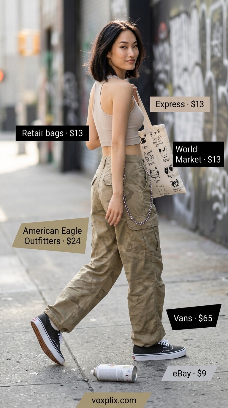 Summer Streetwear with Sneakers for Women 2026 | Skate Park Cool Summer streetwear with sneakers for women 2026: Cargo jeans, crop top, canvas sneakers, and tote bag.