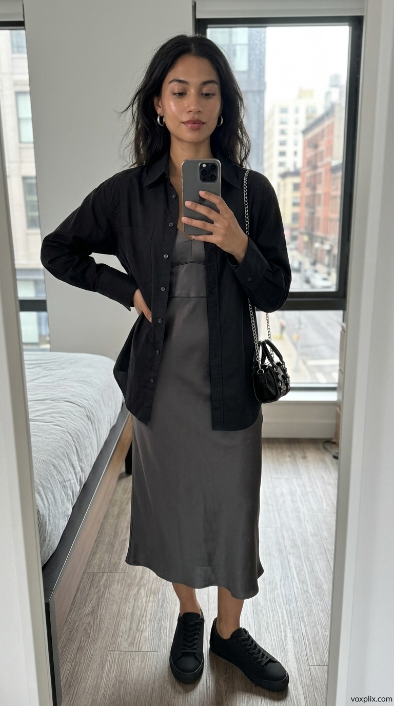 Summer Streetwear with Sneakers for Women 2026 | Sleek City Nights Summer streetwear with sneakers for women 2026: Slip dress, oversized shirt, minimalist sneakers, and shoulder bag.