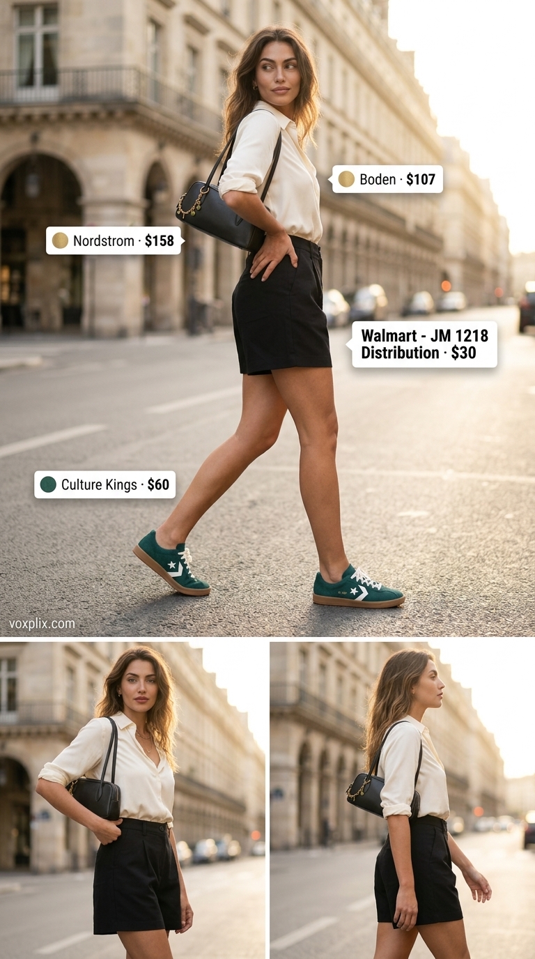 Summer Streetwear with Sneakers for Women 2026 | Tailored Street Summer streetwear with sneakers for women 2026: Tailored shorts, silk shirt, suede sneakers, and mini shoulder bag.