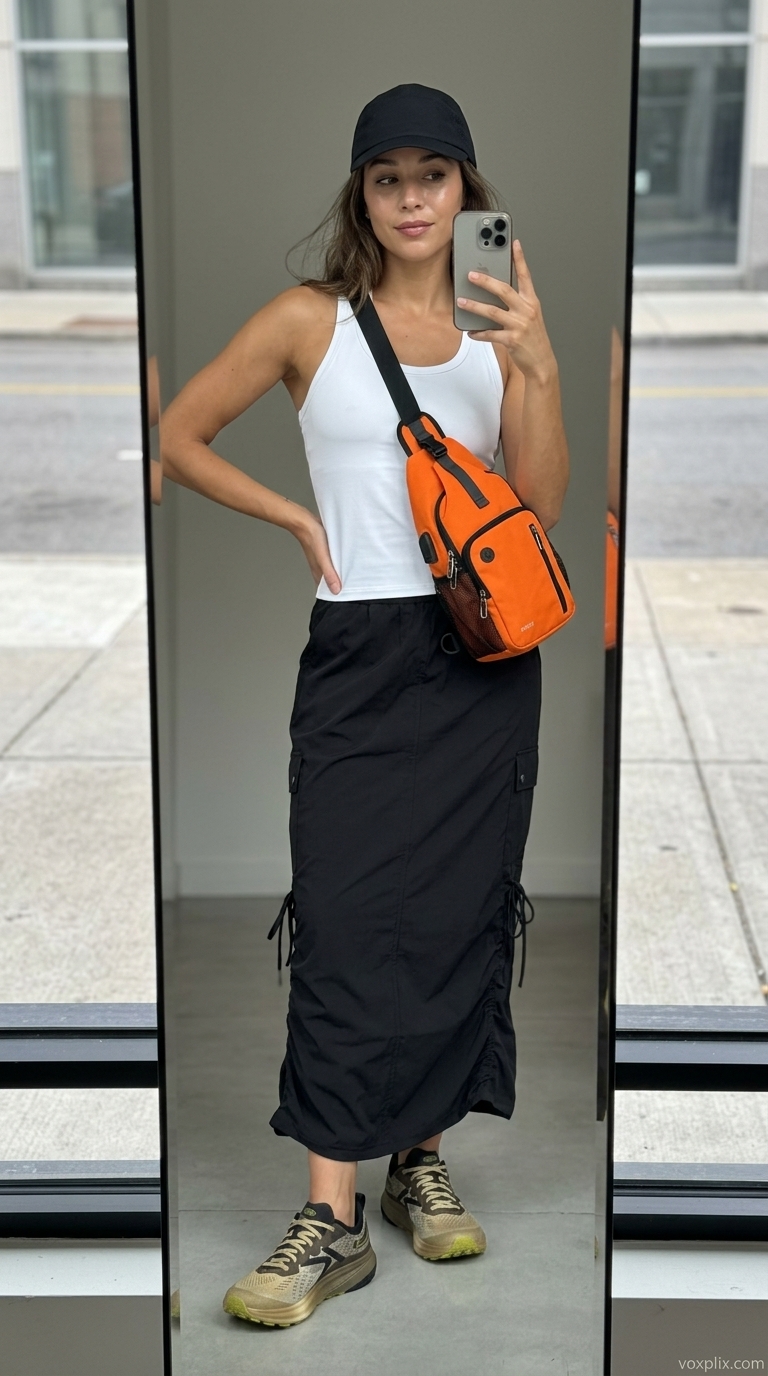 Summer Streetwear with Sneakers 2026: Gorpcore Guardian Summer streetwear with sneakers for women 2026: Khaki cargo skirt, orange crossbody bag, and trail running sneakers for a gorpcore look.