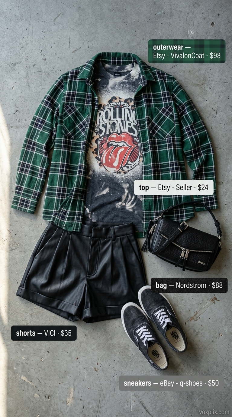 Summer Streetwear with Sneakers 2026: Midnight Edge Style Summer streetwear with sneakers for women 2026: Black faux leather shorts, band tee, flannel, and distressed sneakers for an edgy look.