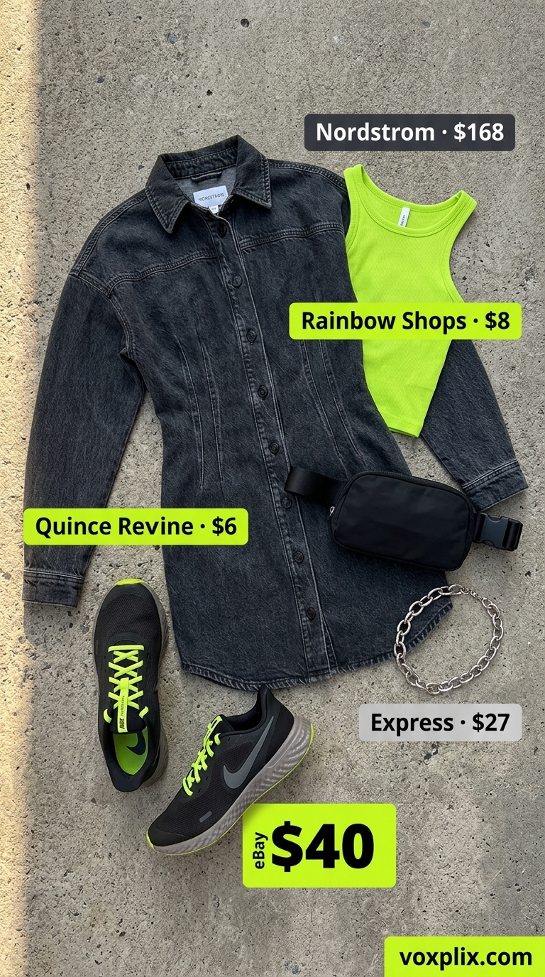 Summer Streetwear with Sneakers 2026: Neon Jungle Beat Summer streetwear with sneakers for women 2026: Lime green crop top, black sneakers, and denim shirt dress for a bold festival look.
