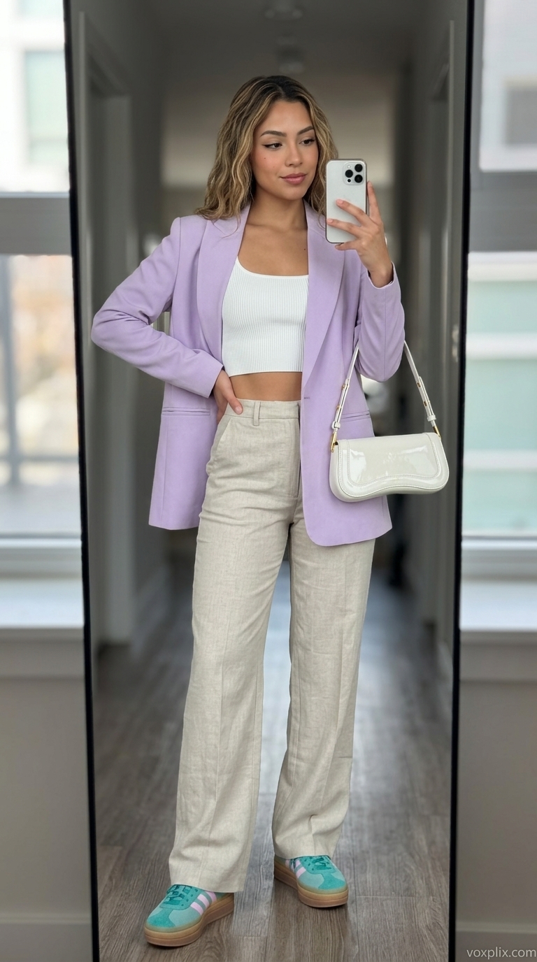 Summer Streetwear with Sneakers 2026: Pastel Power Outfit Summer streetwear with sneakers for women 2026: Lavender blazer, pastel chunky sneakers, and cream trousers for a vibrant festival look.