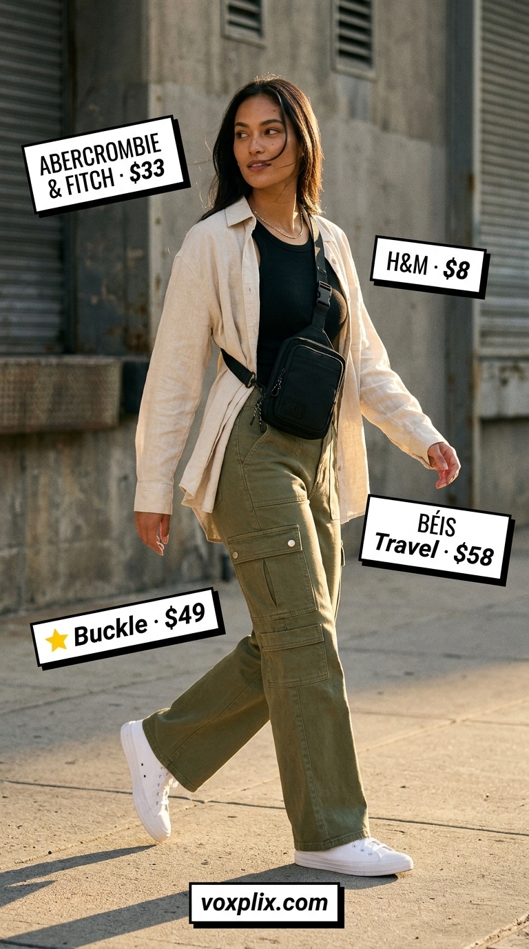 Summer Streetwear with Sneakers 2026: Urban Explorer Style Summer streetwear with sneakers for women 2026: Olive green cargo pants, white sneakers, and an open linen shirt for city exploration.