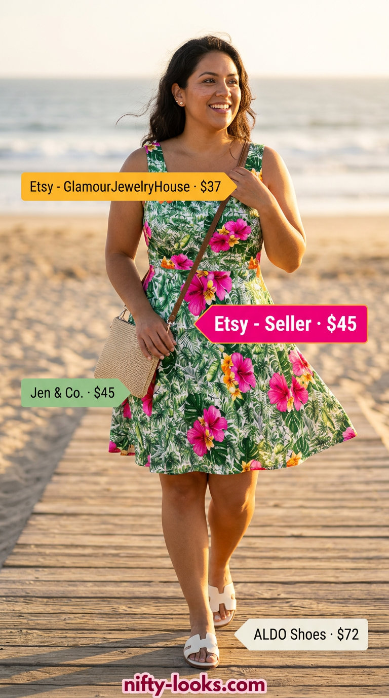 Summer Tropical Print Outfits for Women 2026: Playful pink hibiscus print mini dress with puff sleeves for summer party.