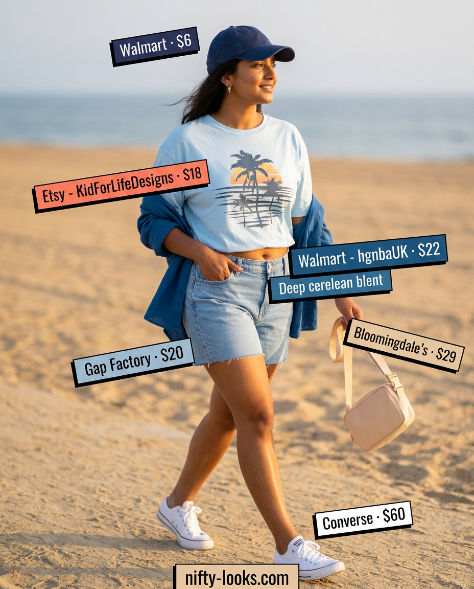 Summer Tropical Print Outfits for Women 2026: Relaxed graphic tee with sunset print, denim shorts, and canvas sneakers for beach bonfire.