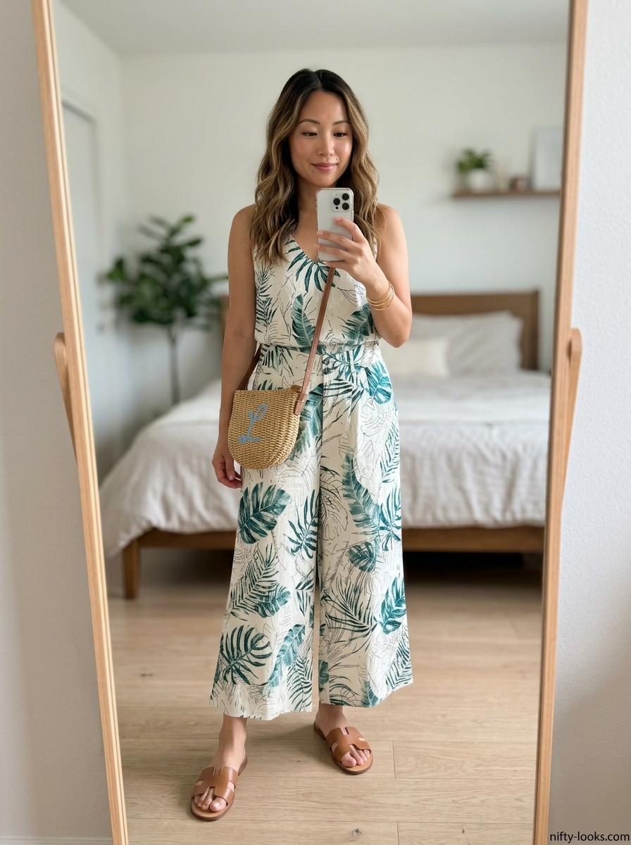 Summer Tropical Print Outfits for Women 2026: Olive green linen set with palm leaf print for brunch or casual sightseeing.