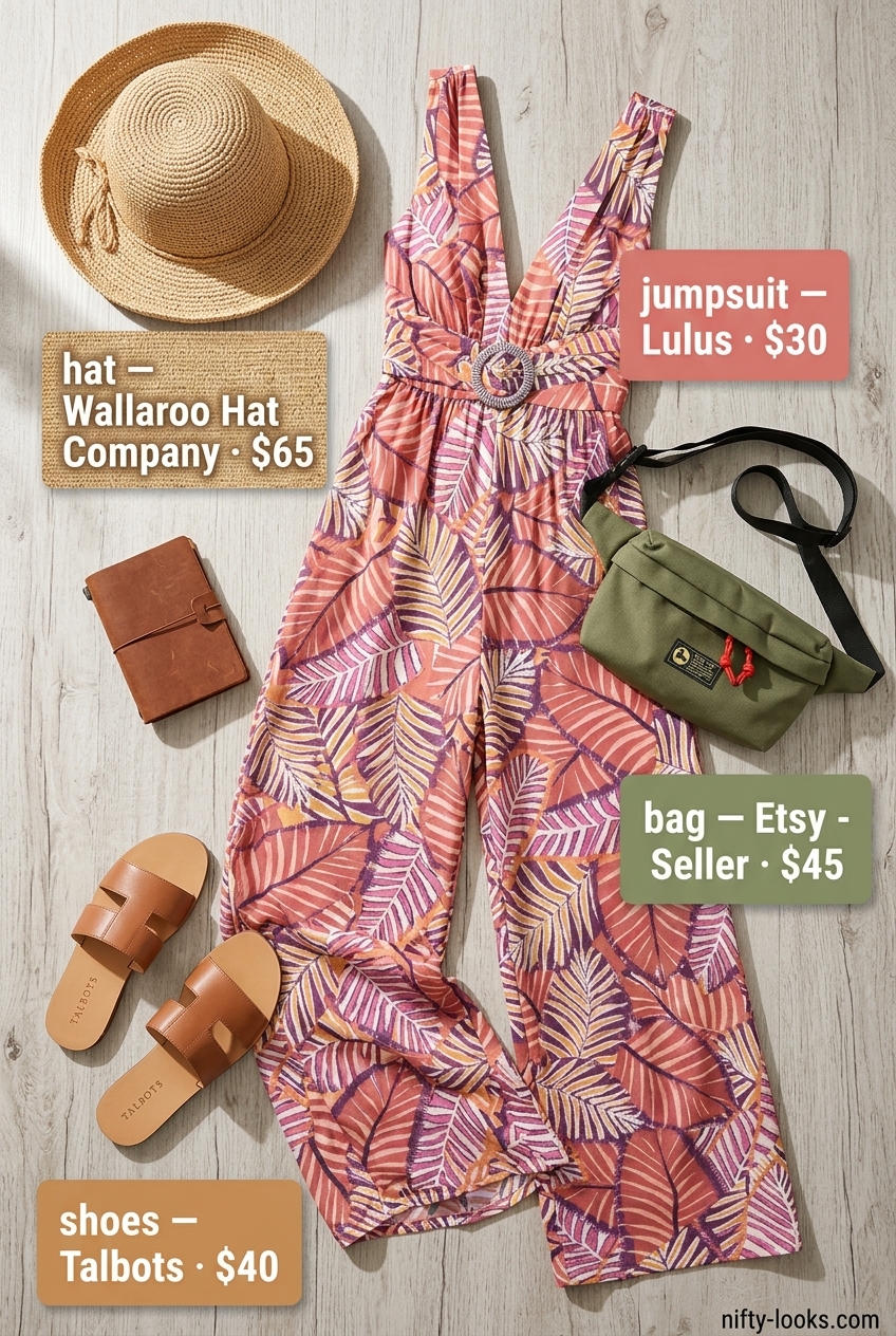 Summer Tropical Print Outfits for Women 2026: Bold tropical print utility jumpsuit for vacation sightseeing or casual day out.