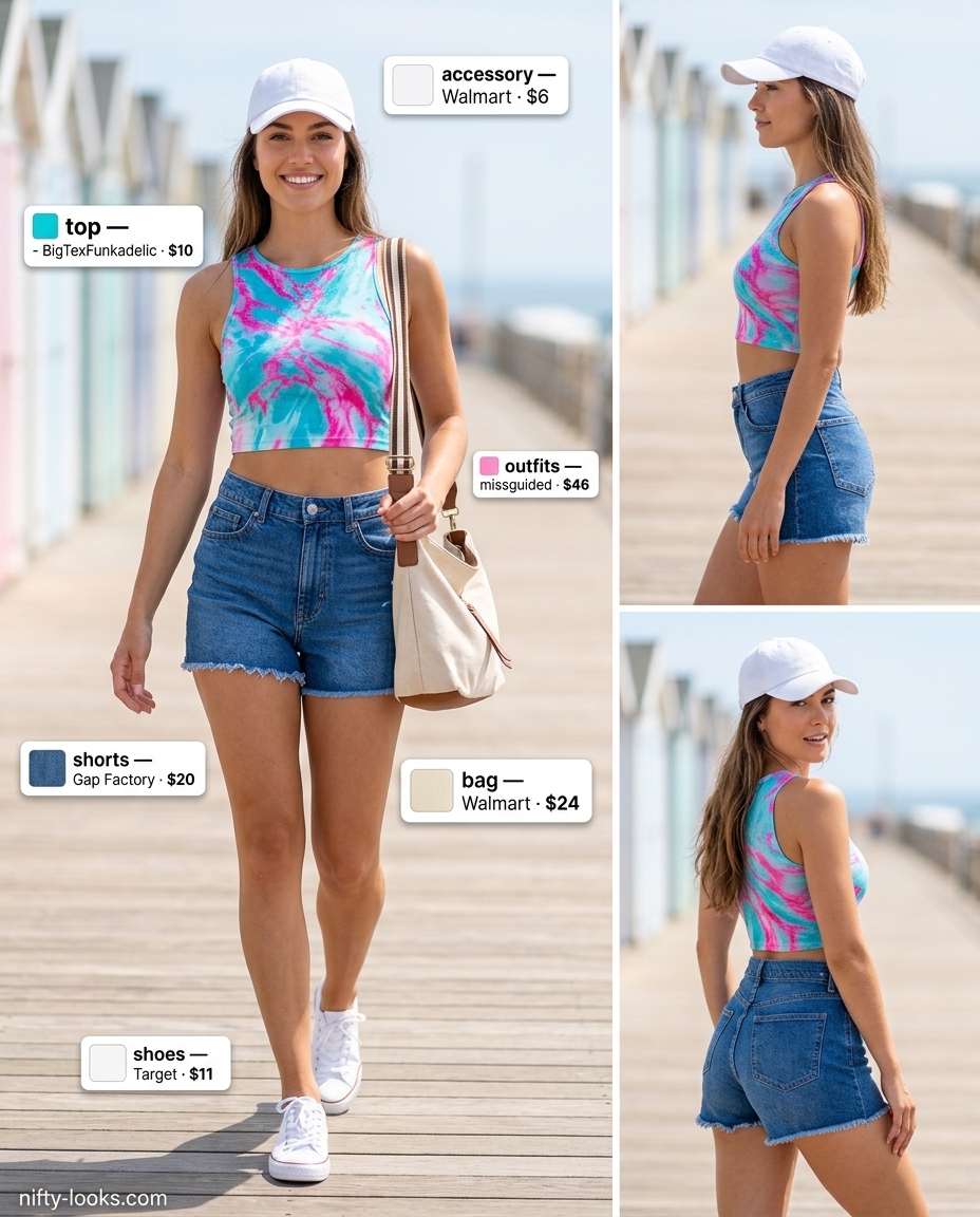 Summer Tropical Print Outfits for Women 2026: Bright pink cropped tee with denim shorts and tropical print.