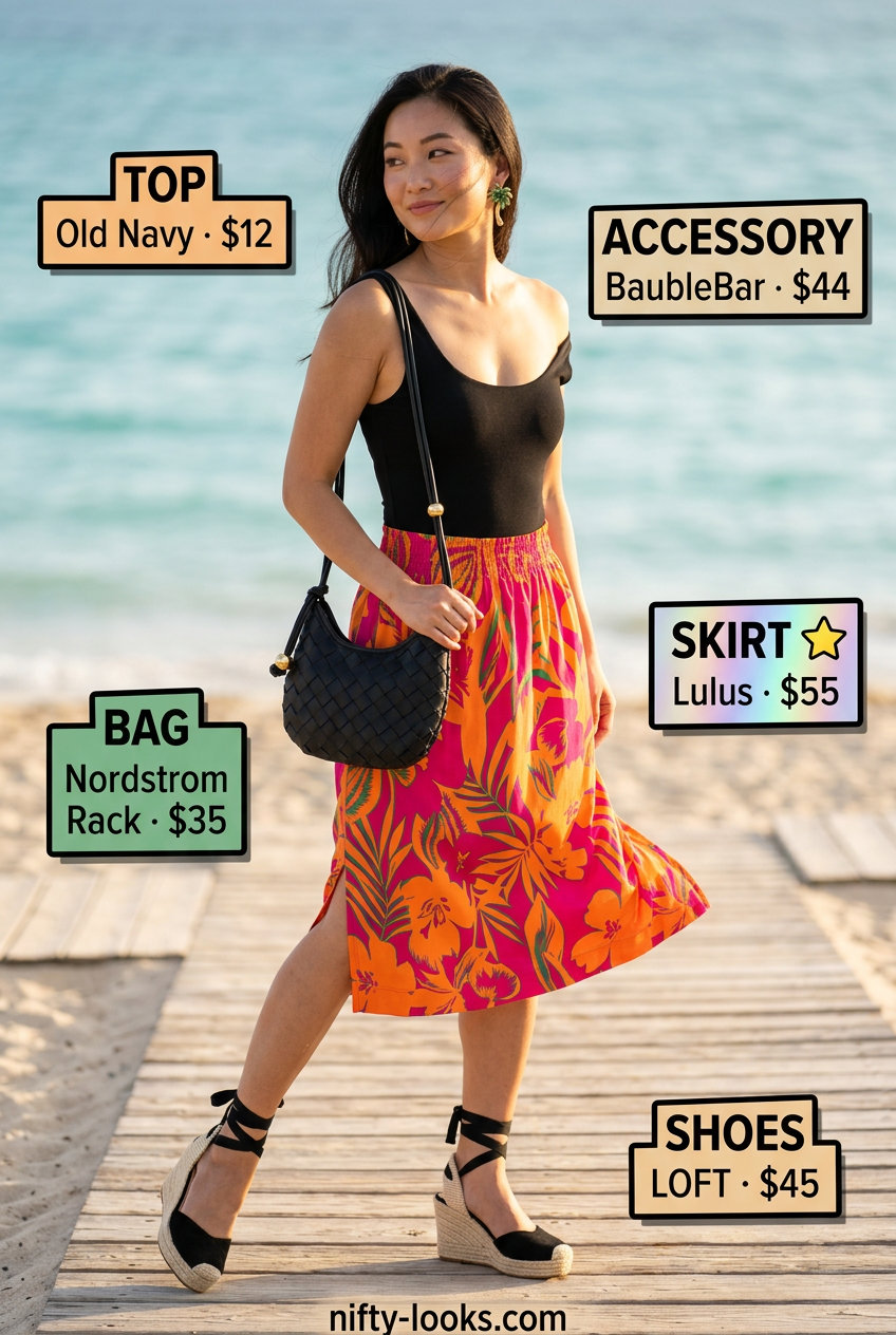 Summer Tropical Print Outfits for Women 2026: Fuchsia midi skirt with black bodysuit and wedges for a luau party.