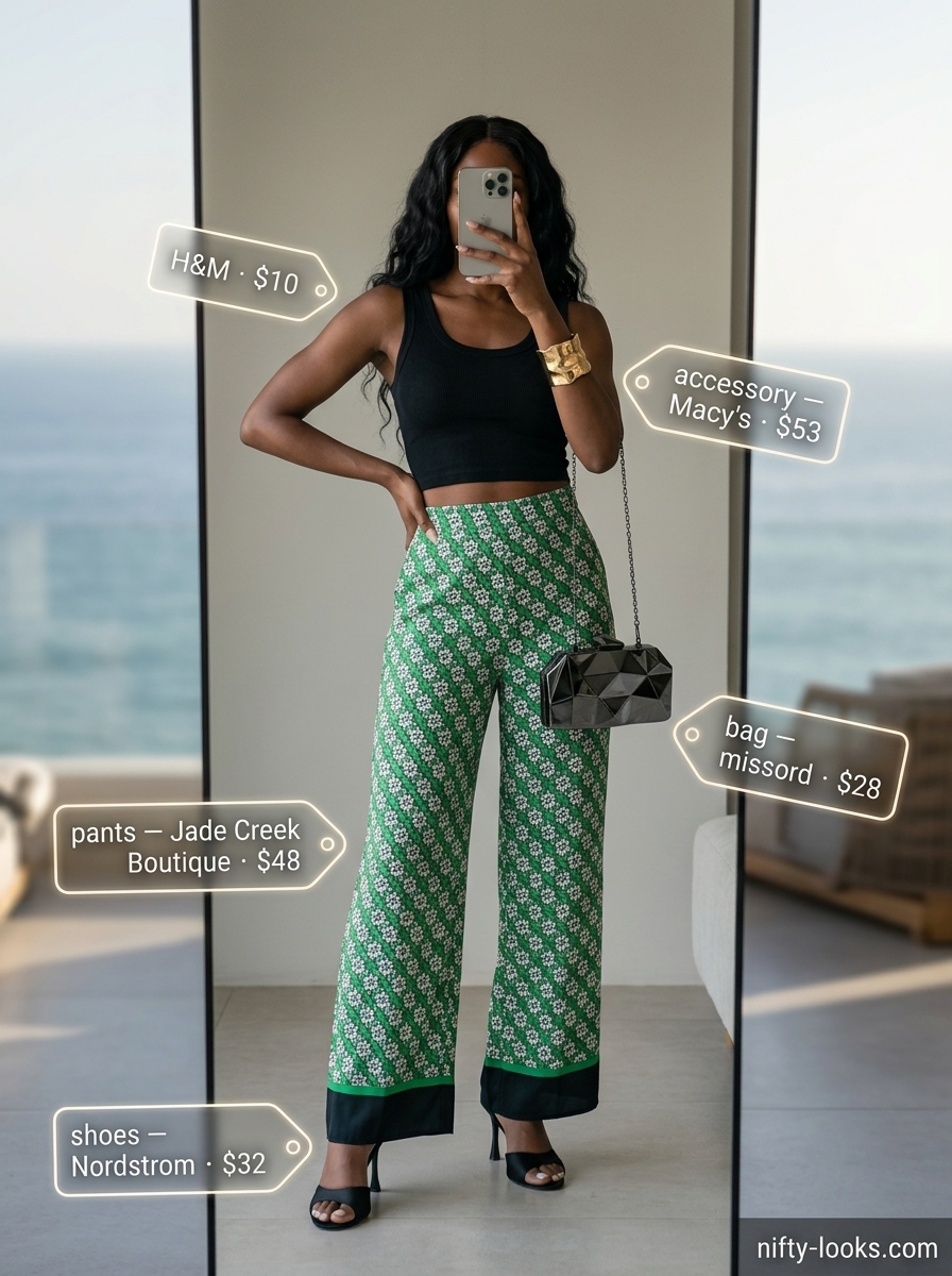 Summer Tropical Print Outfits for Women 2026: Black wide-leg pants with palm print for an evening out.