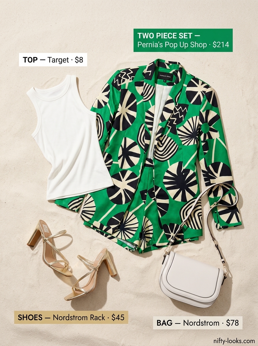 Summer Tropical Print Outfits for Women 2026: Emerald green palm print blazer and shorts set.