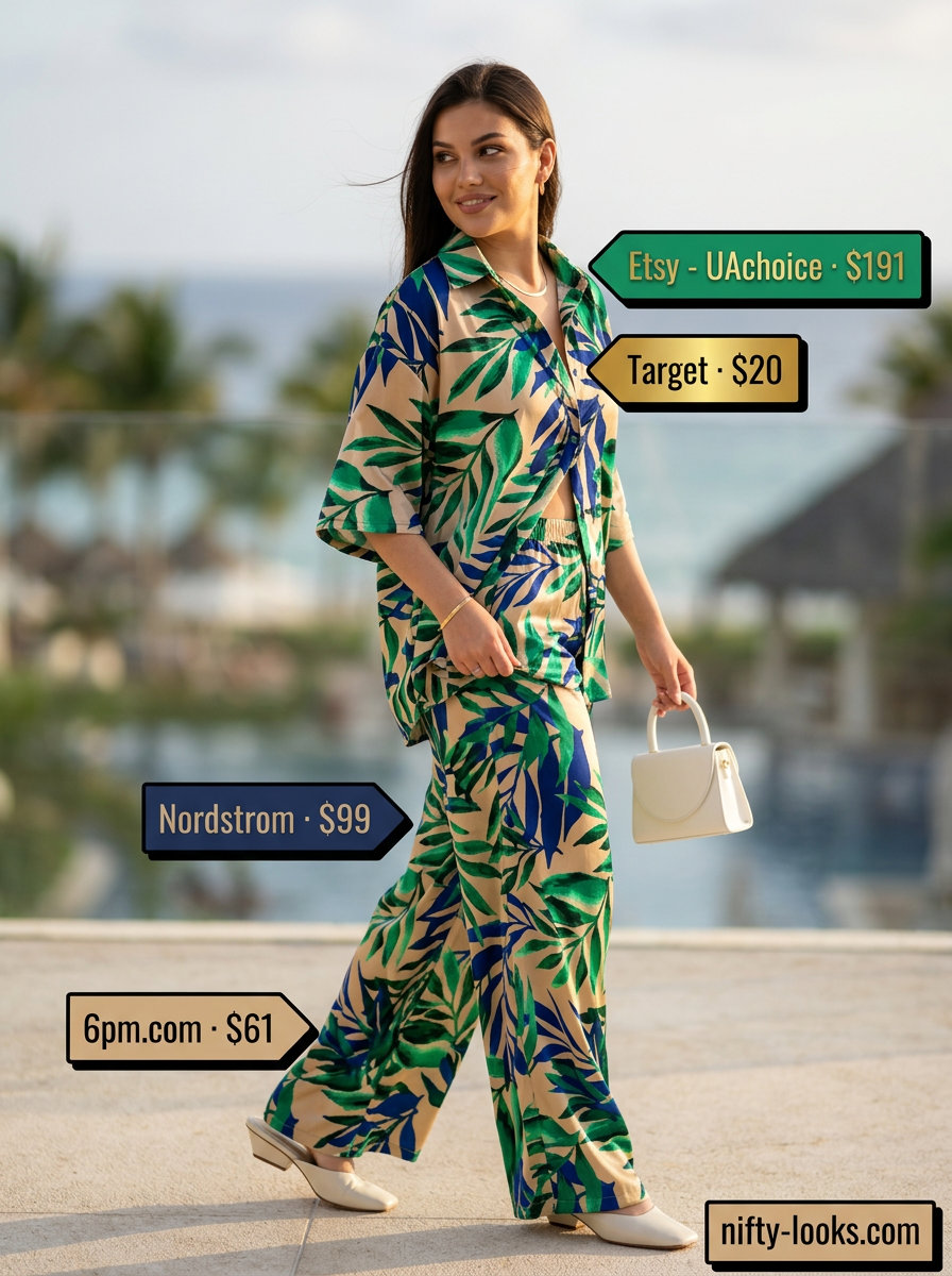 Summer Tropical Print Outfits for Women 2026: Emerald green palm print satin co-ord set for brunch or summer party.