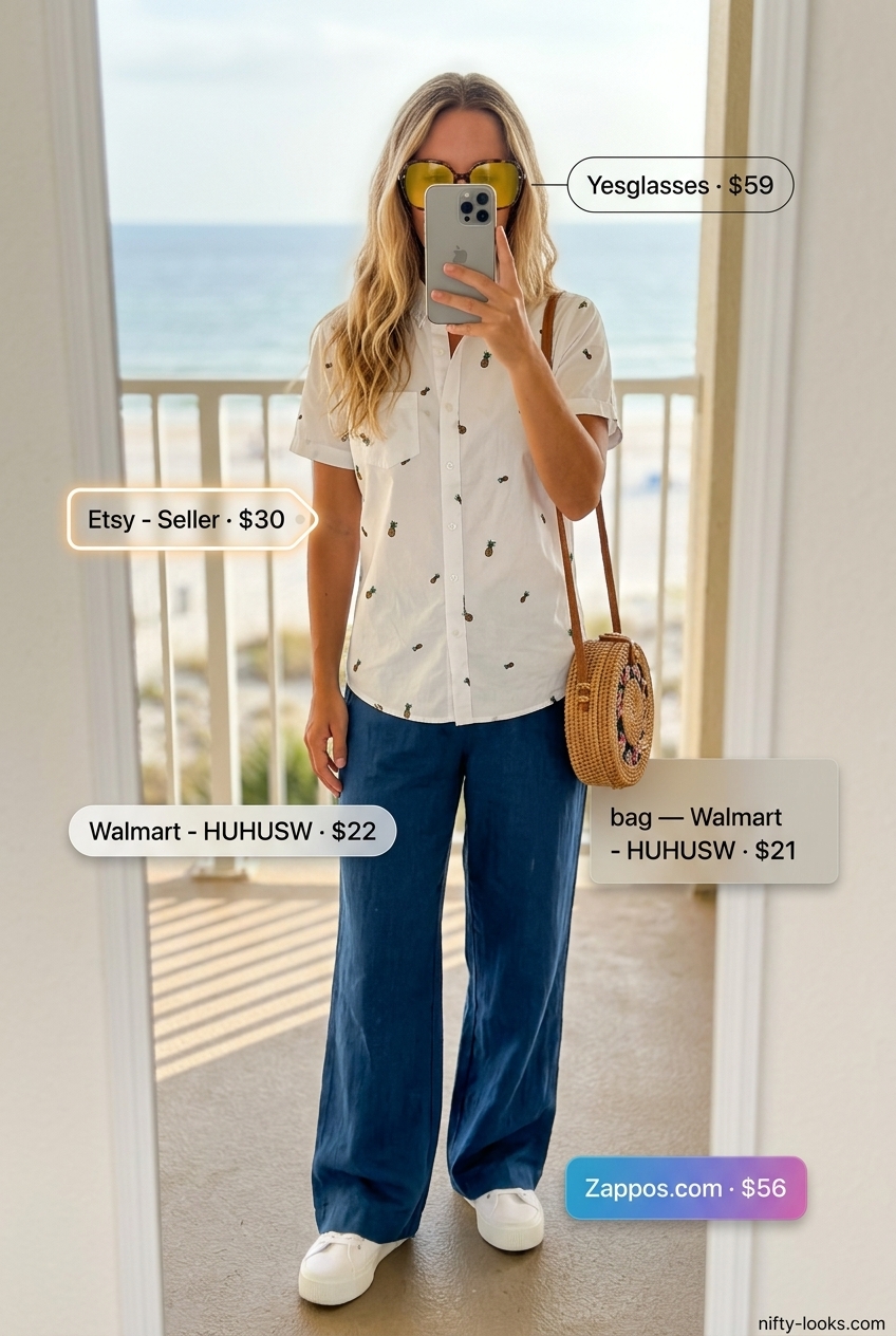 Summer Tropical Print Outfits for Women 2026: White pineapple print co-ord set for daytime.
