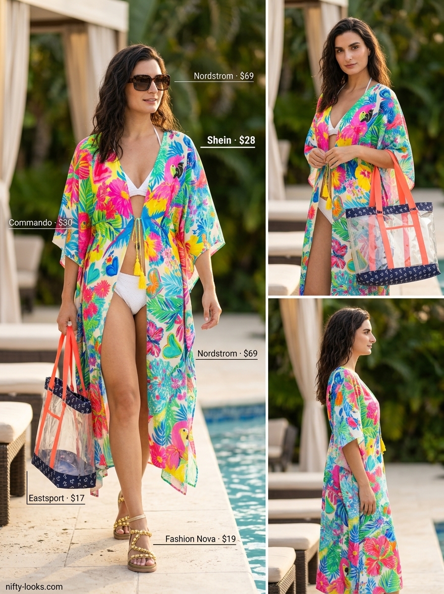 Summer Tropical Print Outfits for Women 2026: Glamorous multi-color tropical print maxi kaftan for poolside or beach.