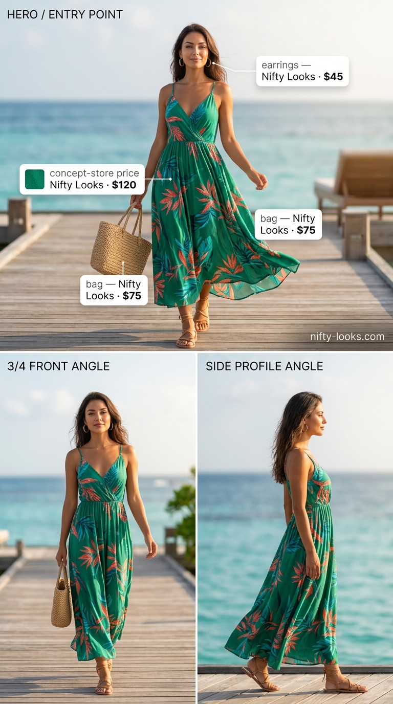 Summer Tropical Print Outfits for Women 2026: Emerald green flowy maxi dress with coral and teal tropical leaf print for beach day.