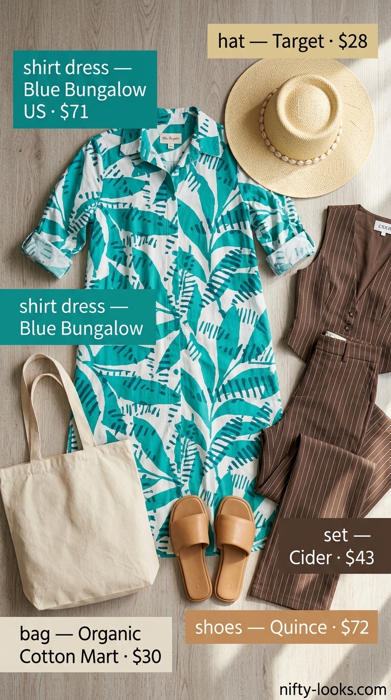 Summer Tropical Print Outfits for Women 2026: Teal and white abstract tropical shirt dress with leather slides, canvas tote, and straw hat.