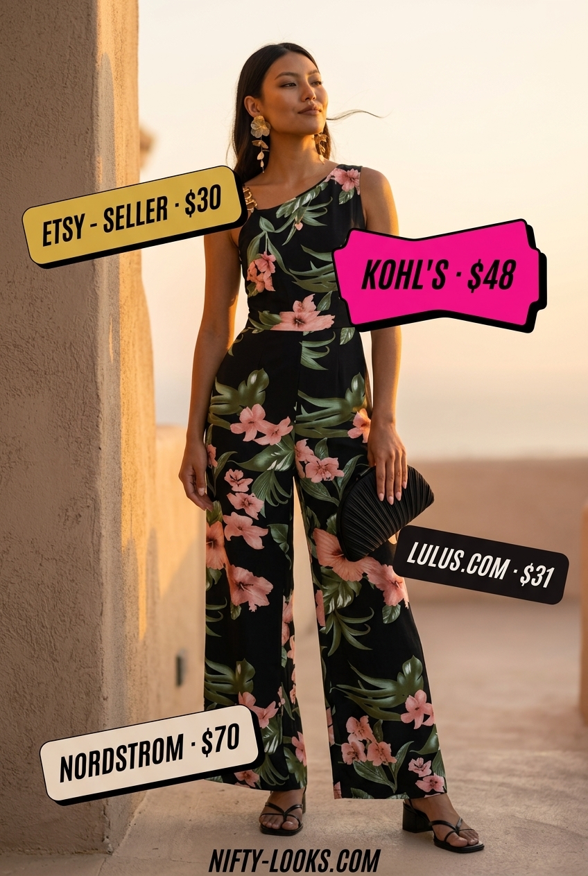 Summer Tropical Print Outfits for Women 2026: Fuchsia and green floral wide-leg jumpsuit with black heels, clutch, and statement earrings.