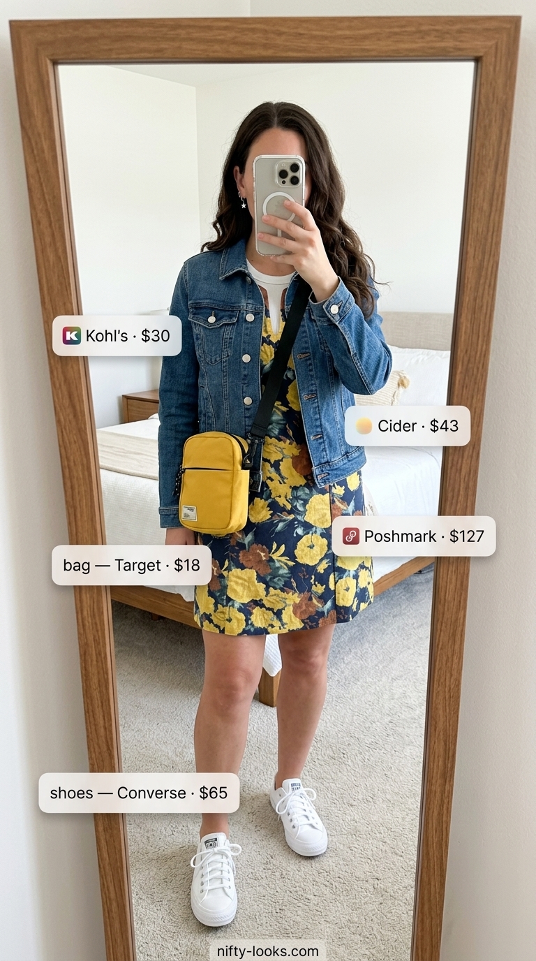 Summer Tropical Print Outfits for Women 2026: Pink and yellow hibiscus mini dress with denim jacket, white sneakers, and yellow crossbody.