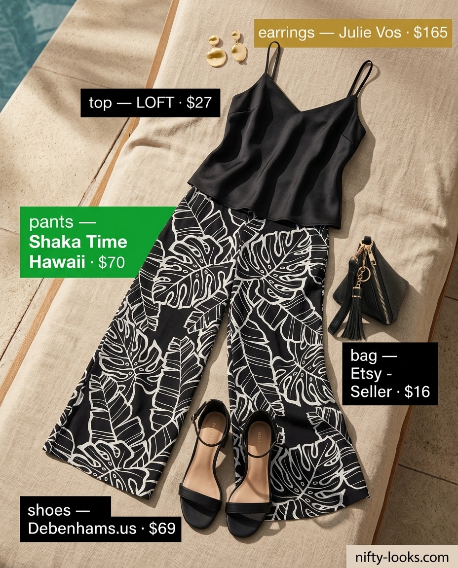 Summer Tropical Print Outfits for Women 2026: Black monstera print palazzo pants with satin cami, block heels, and geometric clutch.
