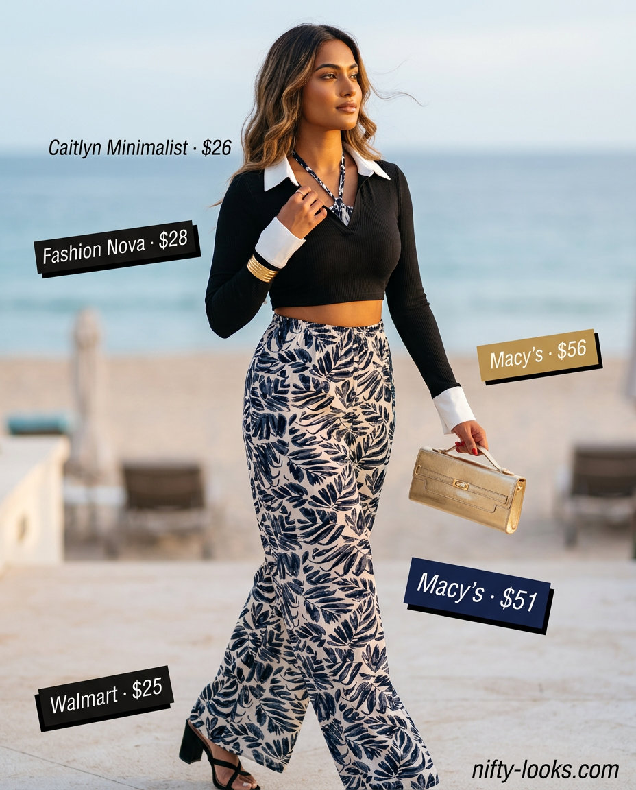 Summer Tropical Print Outfits for Women 2026: Navy and white palm print wide-leg jumpsuit with gold cuff, black heels, and metallic clutch.