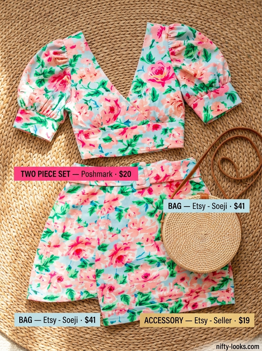 Summer Tropical Print Outfits for Women 2026: Pink and orange tropical skirt set with white sneakers, rattan bag, and gold necklace.