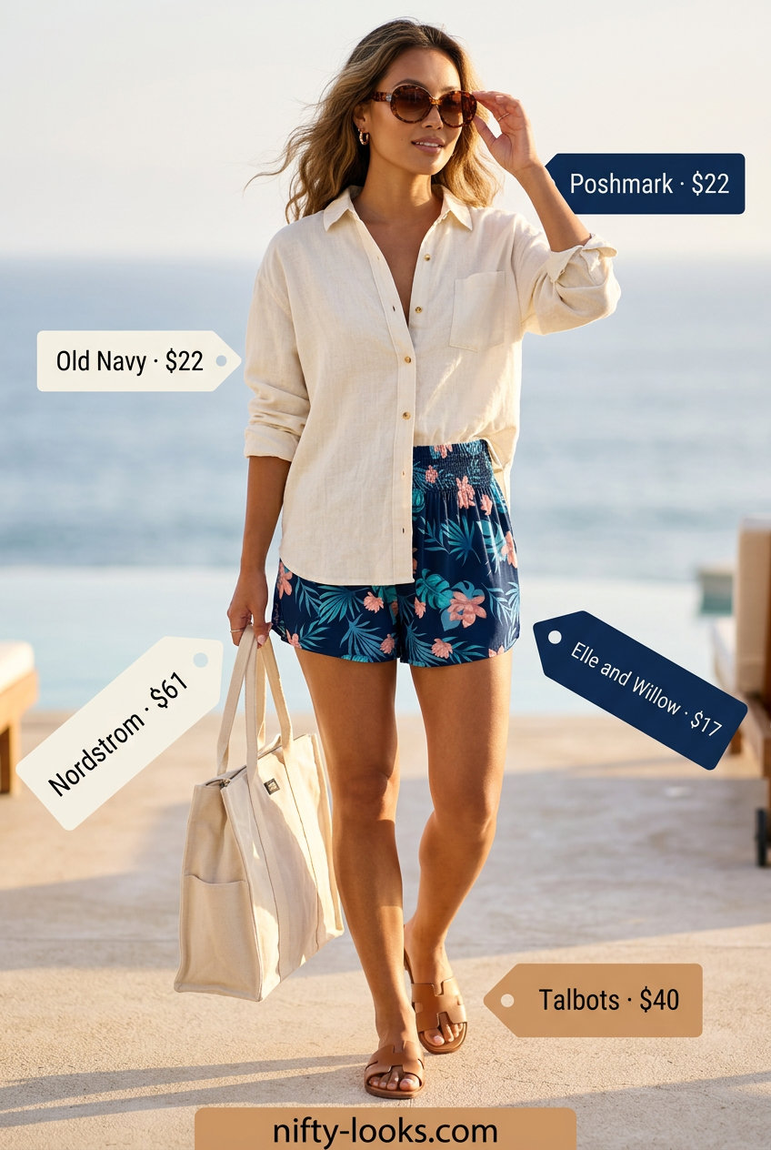 Summer Tropical Print Outfits for Women 2026: Teal and coral shorts set with white linen shirt, leather slides, canvas tote, and sunglasses.