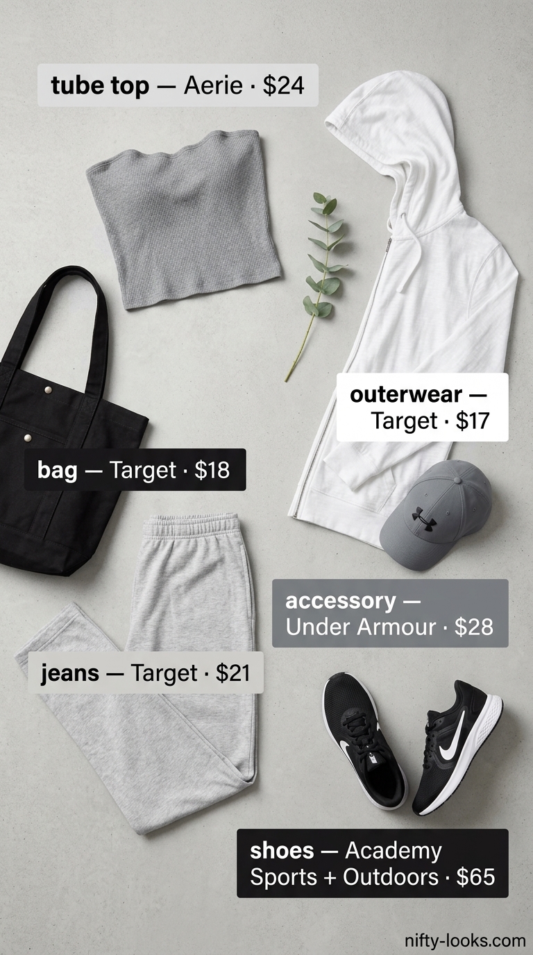 Athleisure outfit: charcoal tube top, grey jersey jeans, running sneakers, baseball cap for summer 2026.