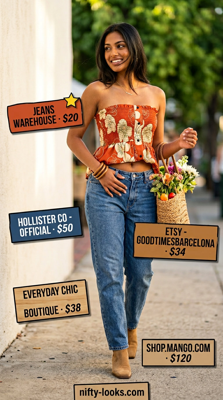 Bohemian floral tube top with medium wash relaxed jeans for a summer festival 2026.