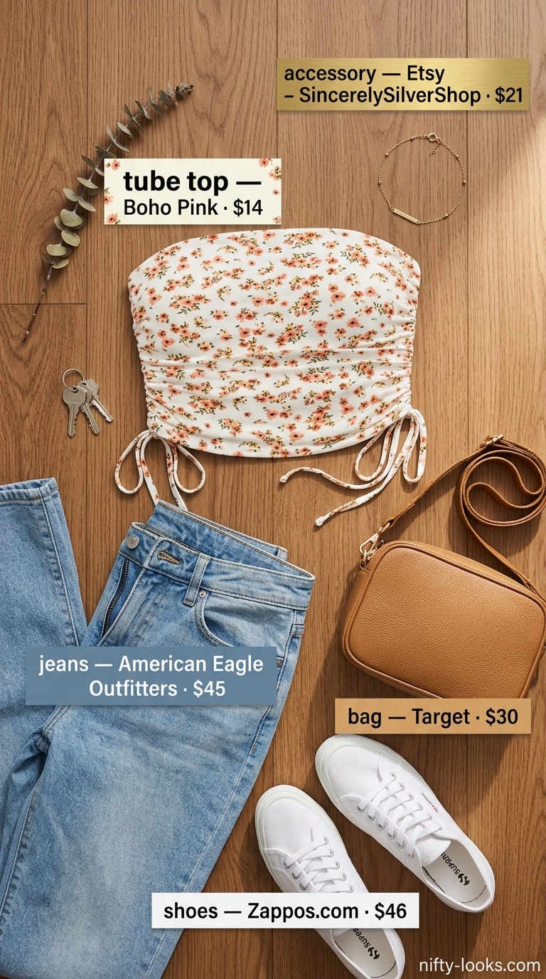 Playful summer tube top with jeans outfits 2026: Light wash jeans, floral tube top, white sneakers, crossbody bag.